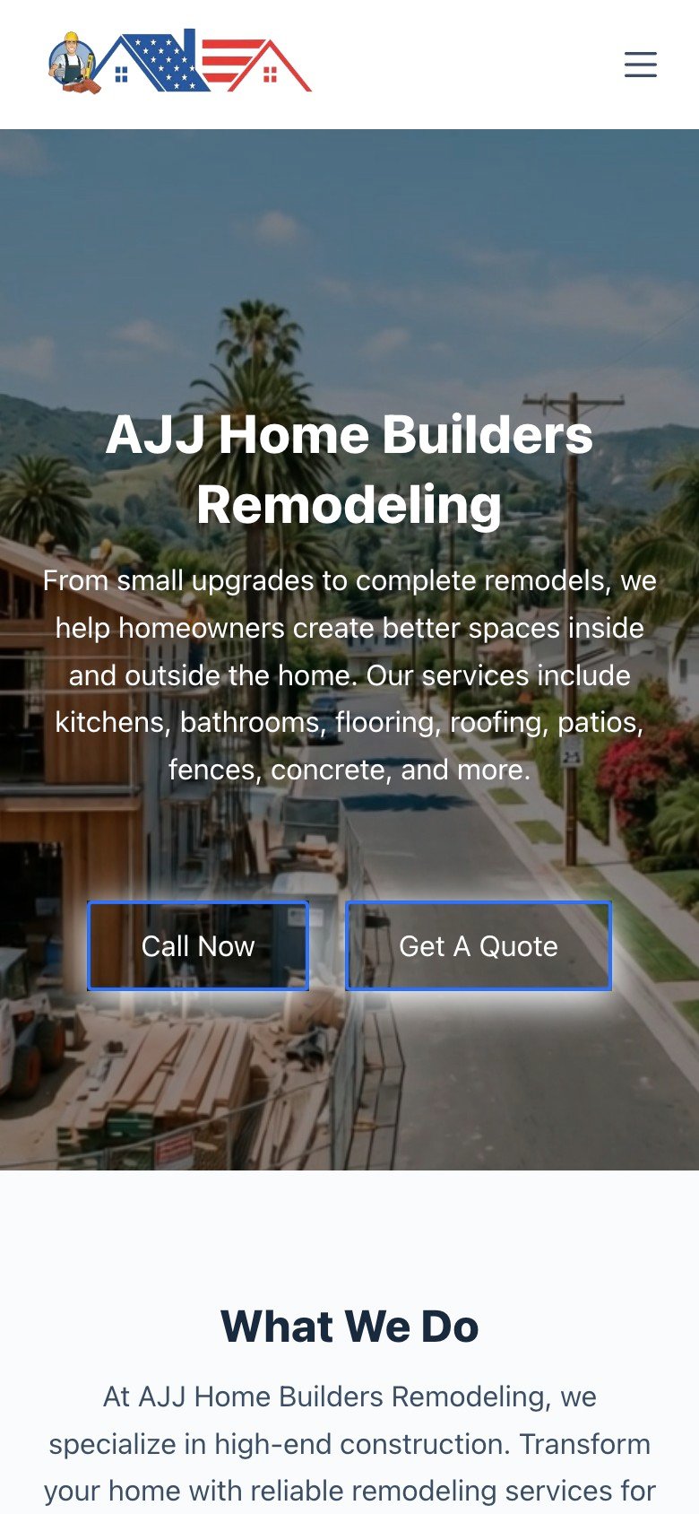 AJJ Home Builders Remodeling website on a phone