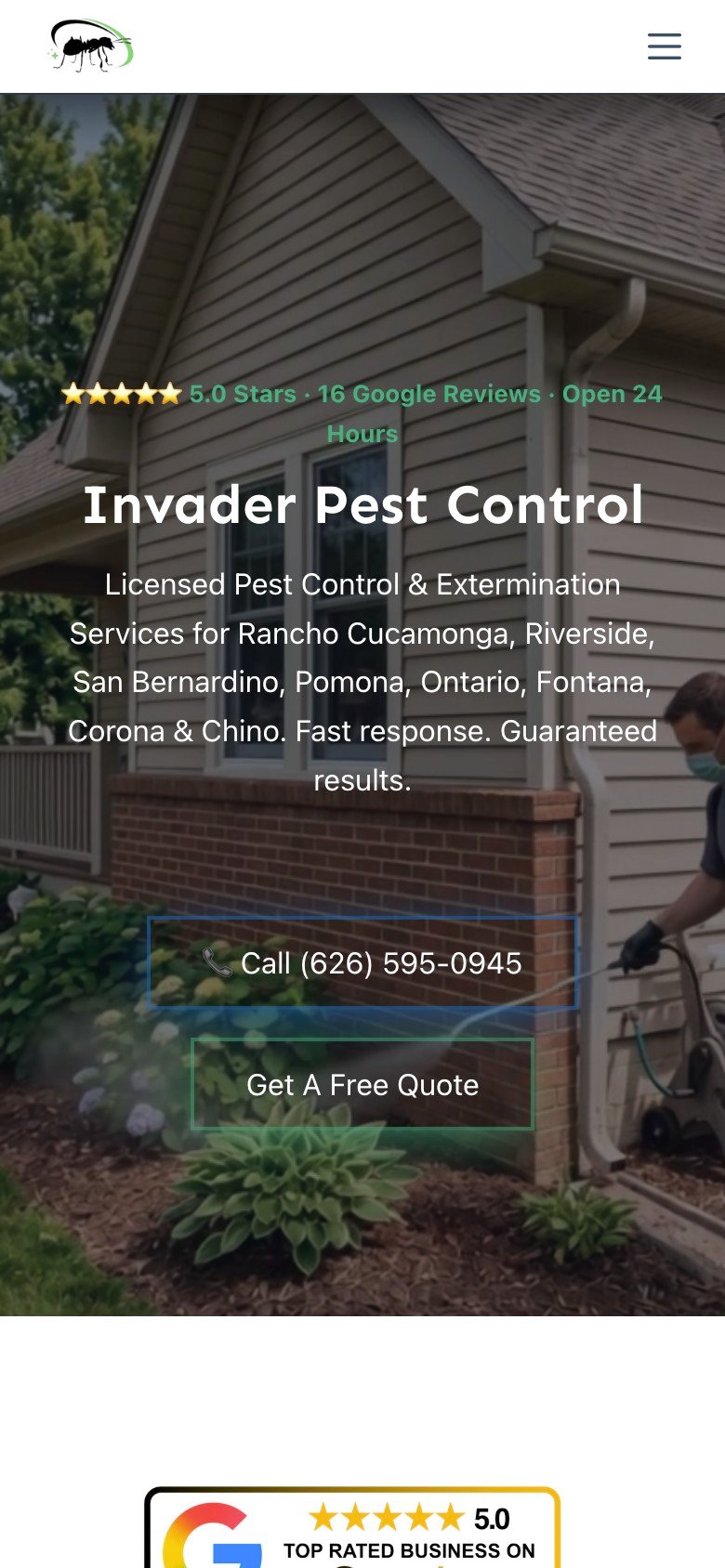 Invader Pest Control website on a phone